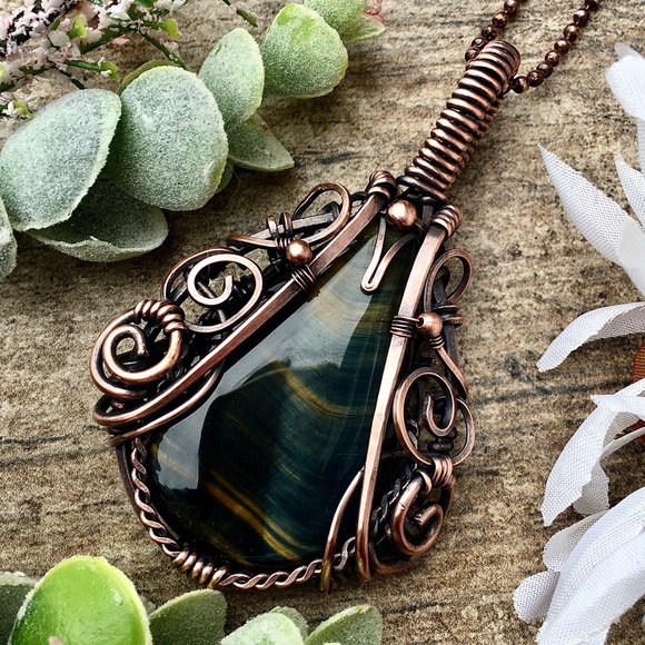 Fashion Jewelry Jewelry - Hawks eye copper wire wrapped pendant necklace